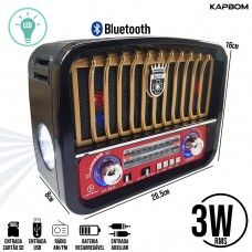 Caixa de Som Portátil Recarregável 3W RMS Bluetooth/Rádio/SD/Aux/USB Retrô com LED e Lanterna KA-8808 Kapbom - Dourada